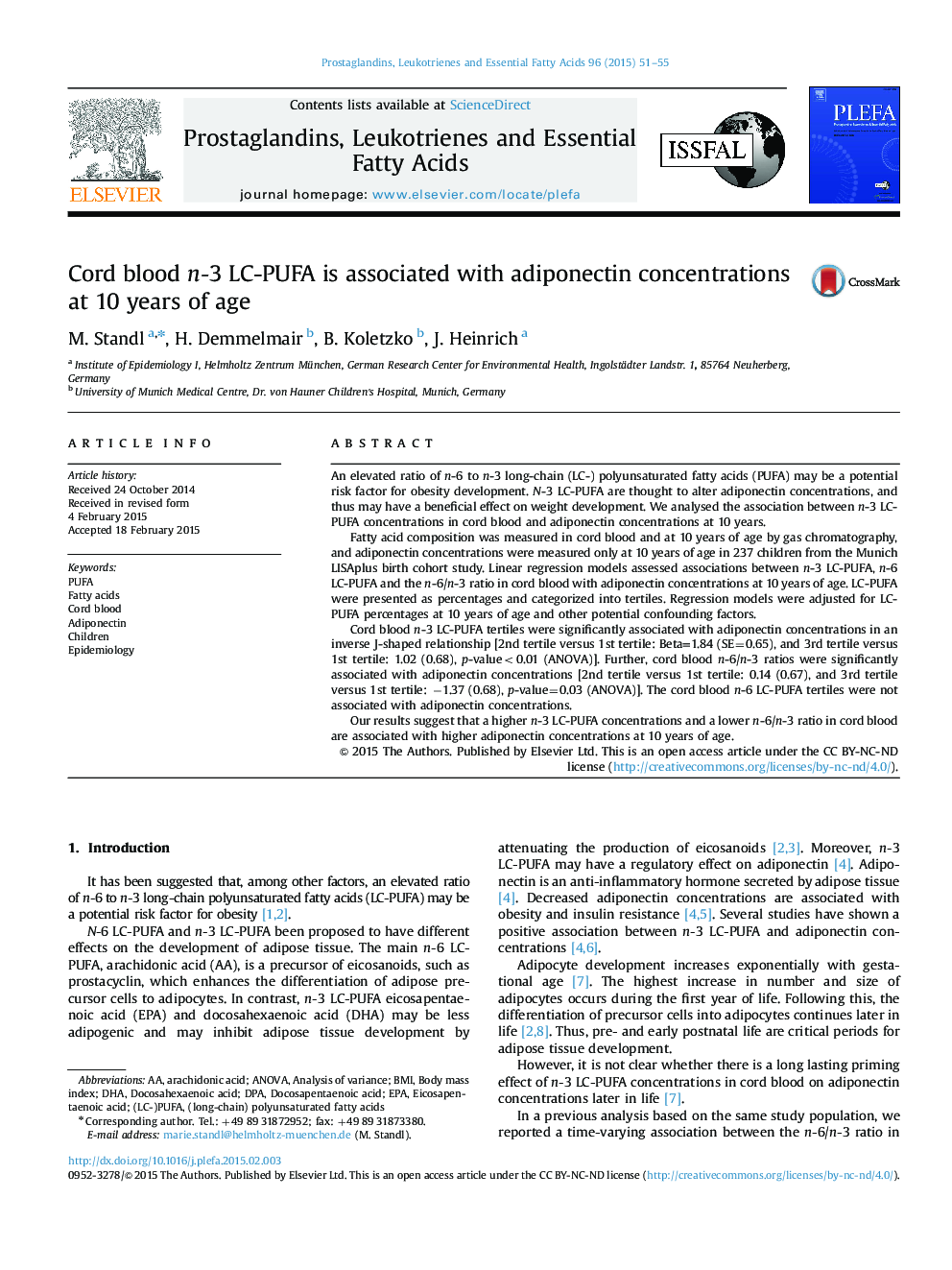 Cord blood n-3 LC-PUFA is associated with adiponectin concentrations at 10 years of age