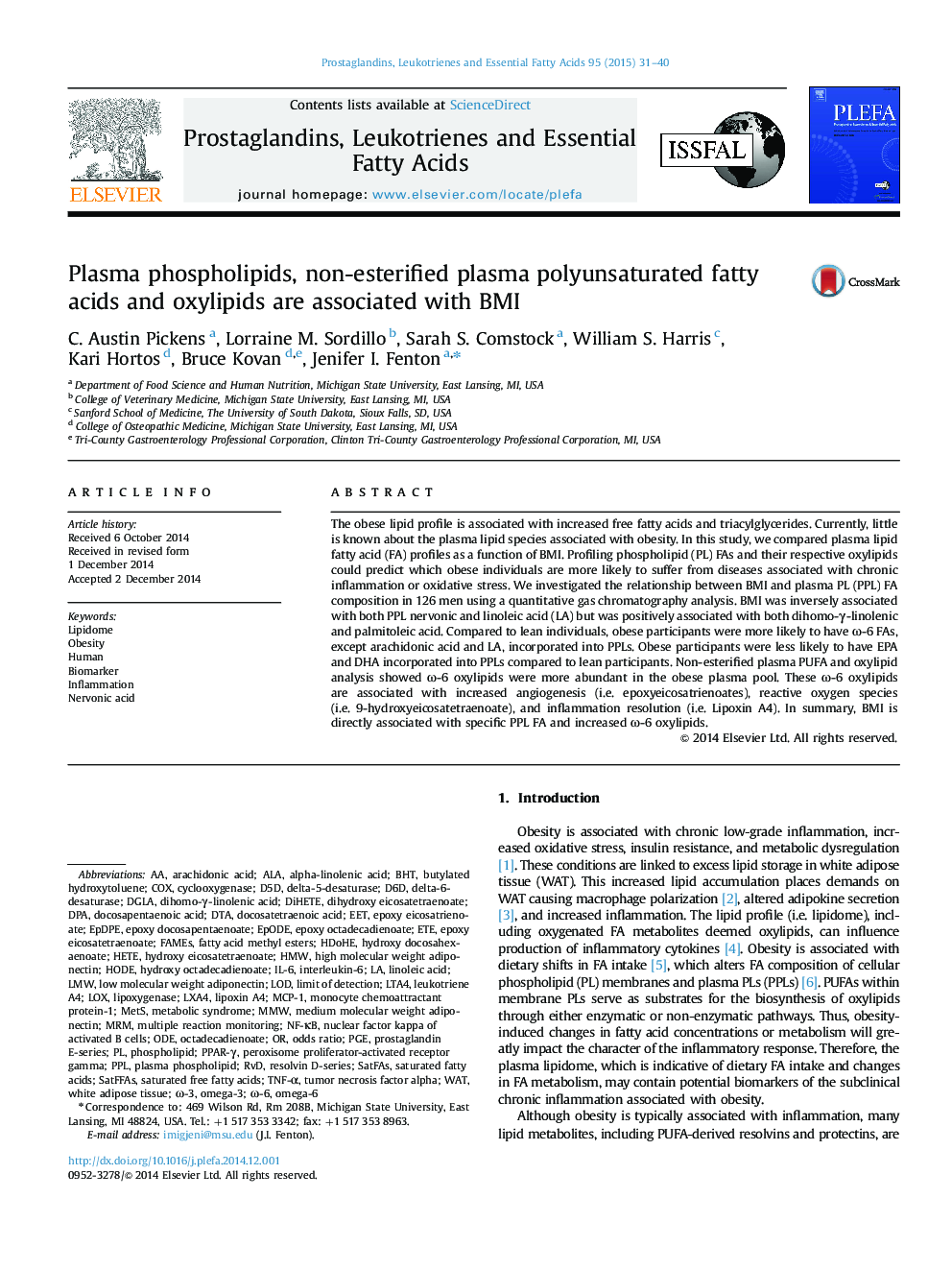 Plasma phospholipids, non-esterified plasma polyunsaturated fatty acids and oxylipids are associated with BMI
