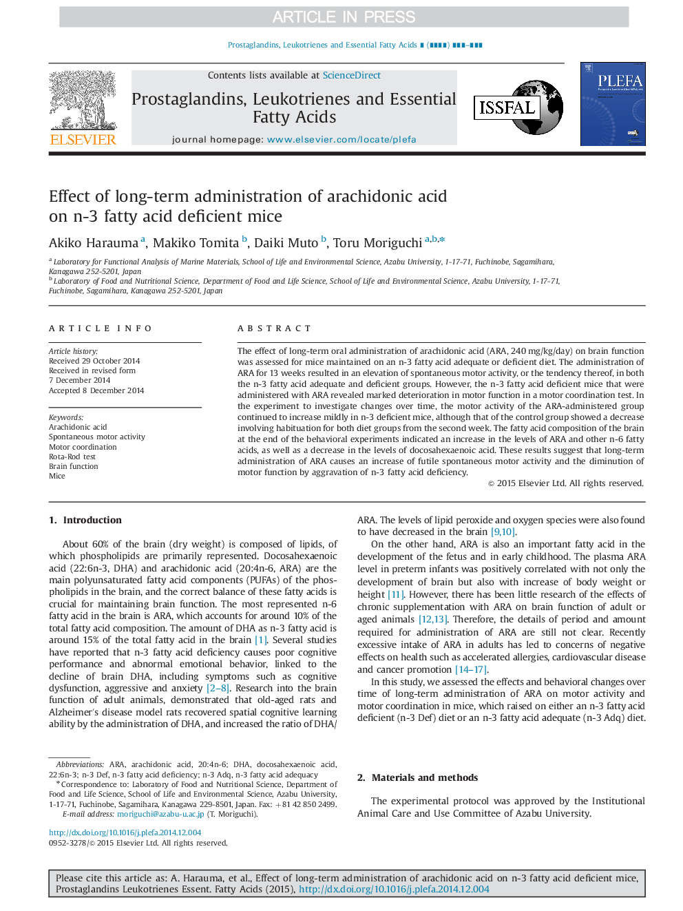 Effect of long-term administration of arachidonic acid on n-3 fatty acid deficient mice