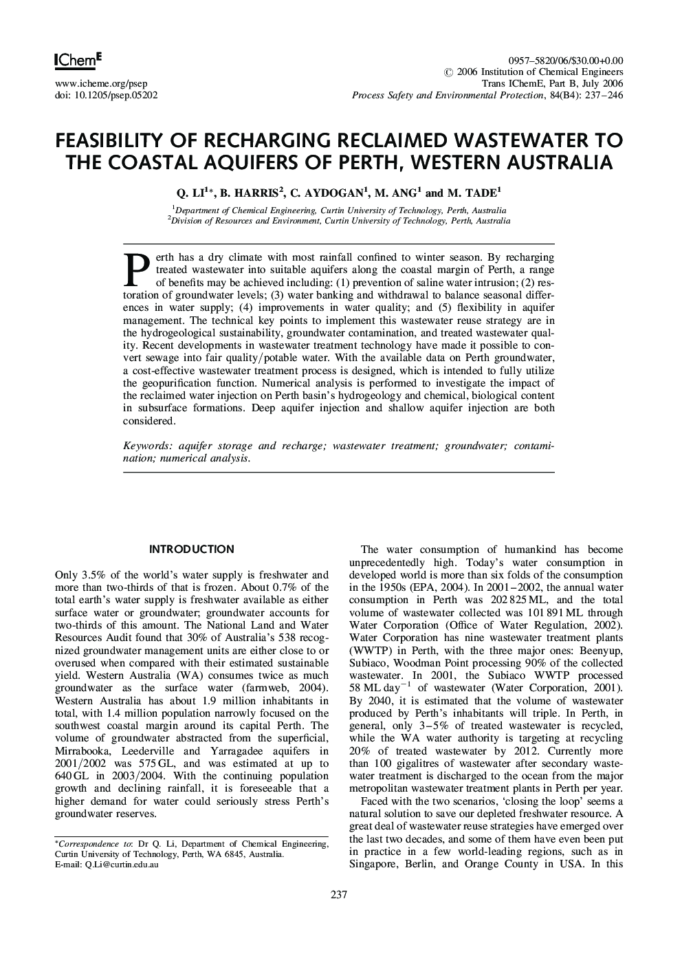 Feasibility of Recharging Reclaimed Wastewater to the Coastal Aquifers of Perth, Western Australia