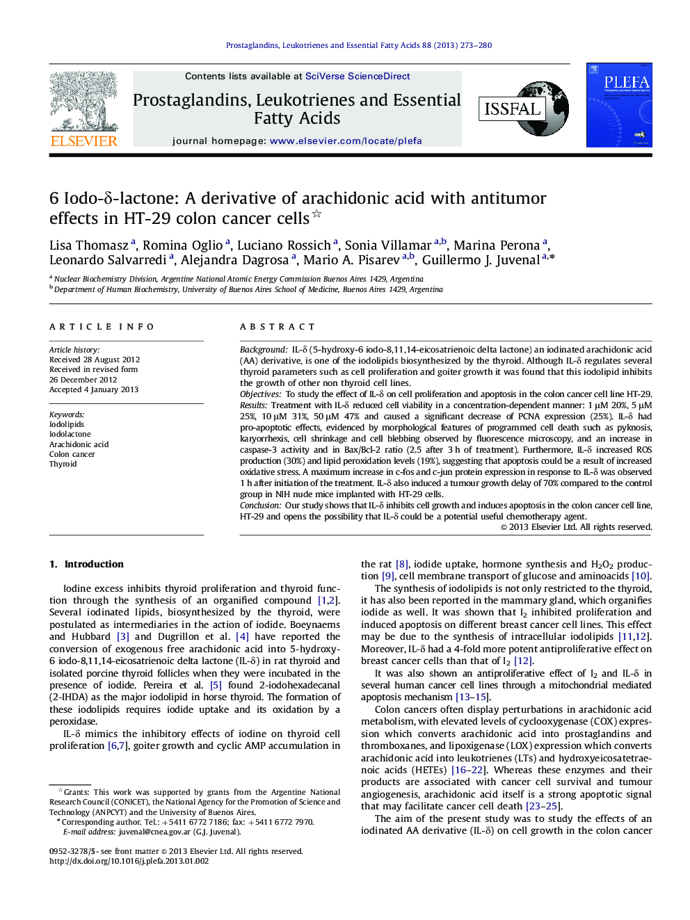 6 Iodo-Î´-lactone: A derivative of arachidonic acid with antitumor effects in HT-29 colon cancer cells