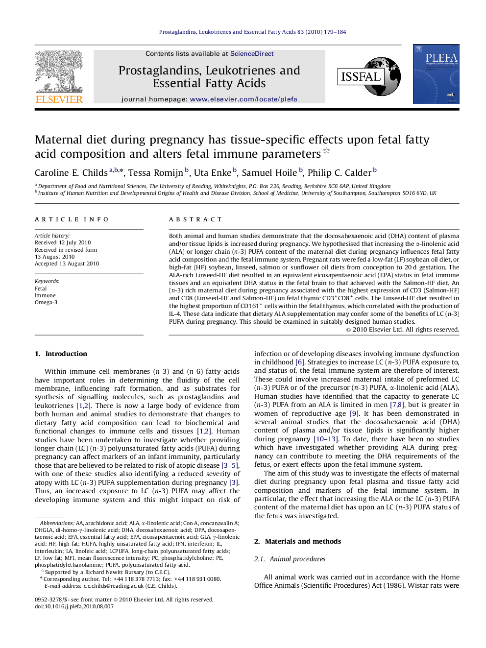 Maternal diet during pregnancy has tissue-specific effects upon fetal fatty acid composition and alters fetal immune parameters