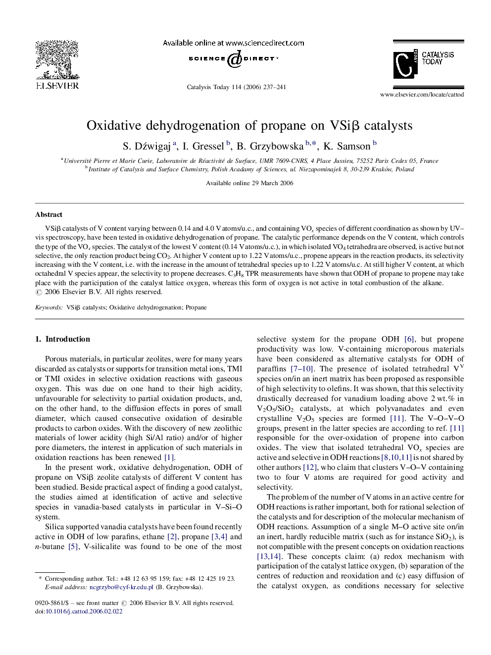 Oxidative dehydrogenation of propane on VSiβ catalysts