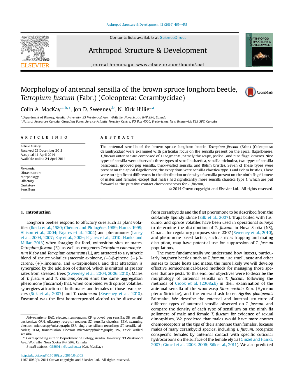 Morphology of antennal sensilla of the brown spruce longhorn beetle, Tetropium fuscum (Fabr.) (Coleoptera: Cerambycidae)