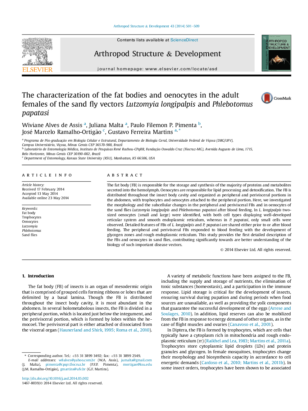 The characterization of the fat bodies and oenocytes in the adult females of the sand fly vectors Lutzomyia longipalpis and Phlebotomus papatasi