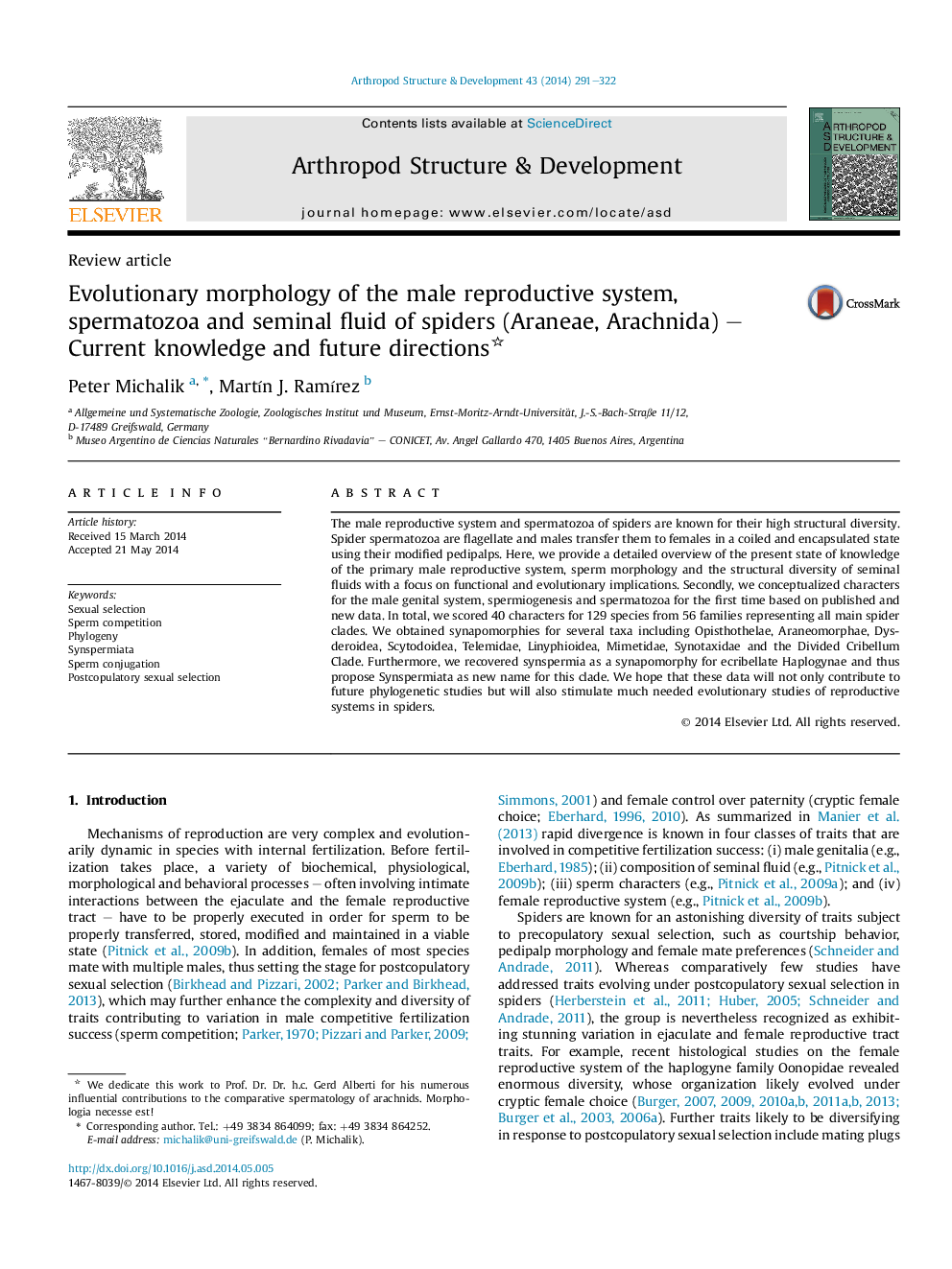 Evolutionary morphology of the male reproductive system, spermatozoa and seminal fluid of spiders (Araneae, Arachnida) – Current knowledge and future directions 