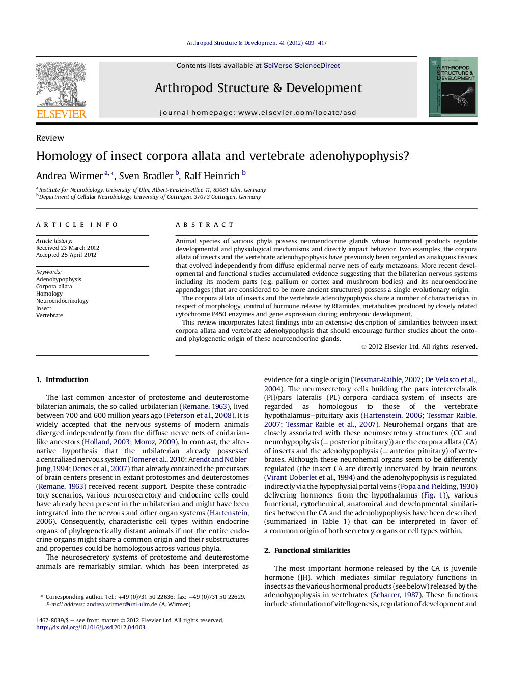 Homology of insect corpora allata and vertebrate adenohypophysis?