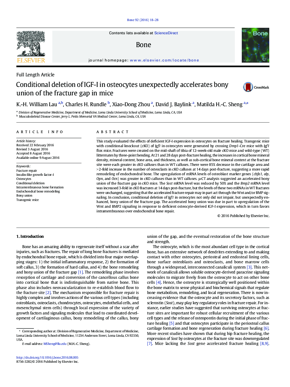 عکس صفحه اول مقاله: Conditional deletion of IGF-I in osteocytes unexpectedly accelerates bony union of the fracture gap in mice Conditional deletion of IGF-I in osteocytes unexpectedly accelerates bony union of the fracture gap in mice