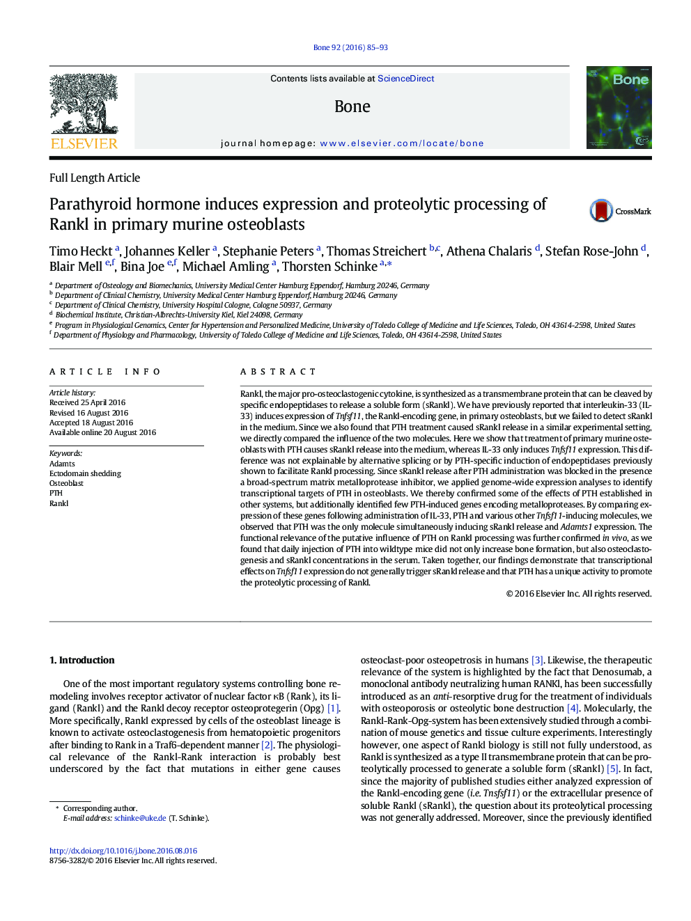 Parathyroid hormone induces expression and proteolytic processing of Rankl in primary murine osteoblasts