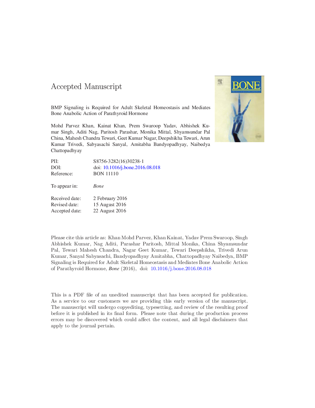 BMP signaling is required for adult skeletal homeostasis and mediates bone anabolic action of parathyroid hormone