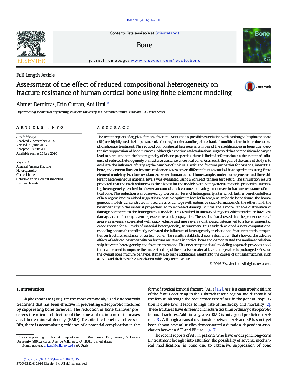 Assessment of the effect of reduced compositional heterogeneity on fracture resistance of human cortical bone using finite element modeling