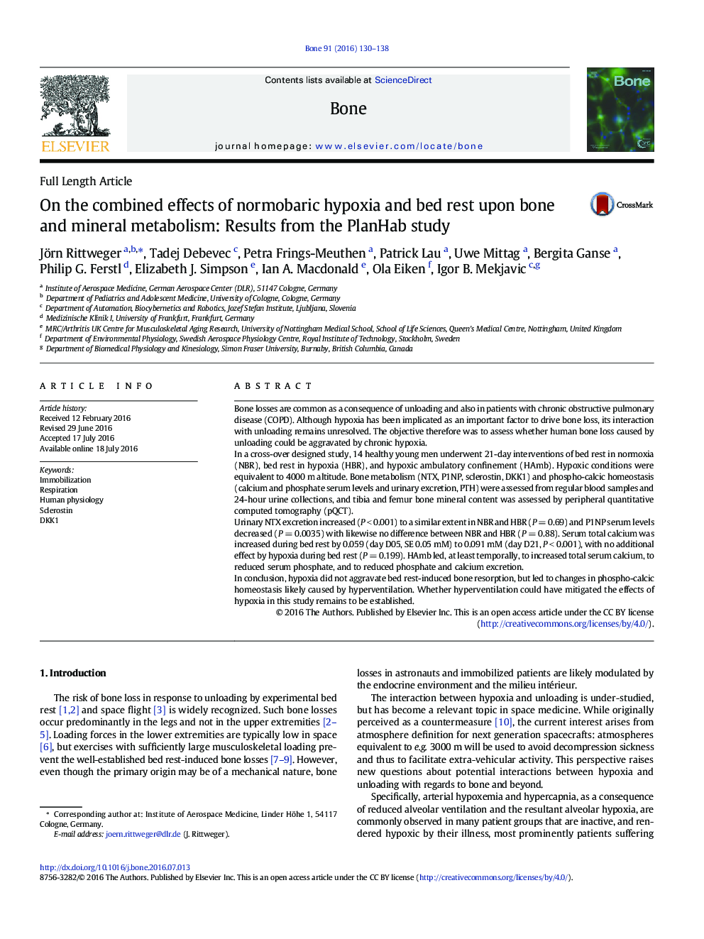 On the combined effects of normobaric hypoxia and bed rest upon bone and mineral metabolism: Results from the PlanHab study