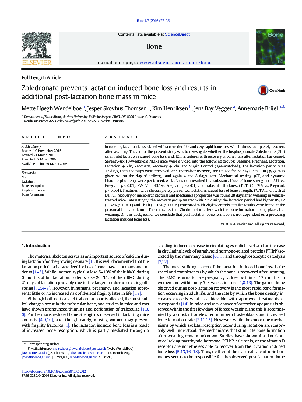 Zoledronate prevents lactation induced bone loss and results in additional post-lactation bone mass in mice