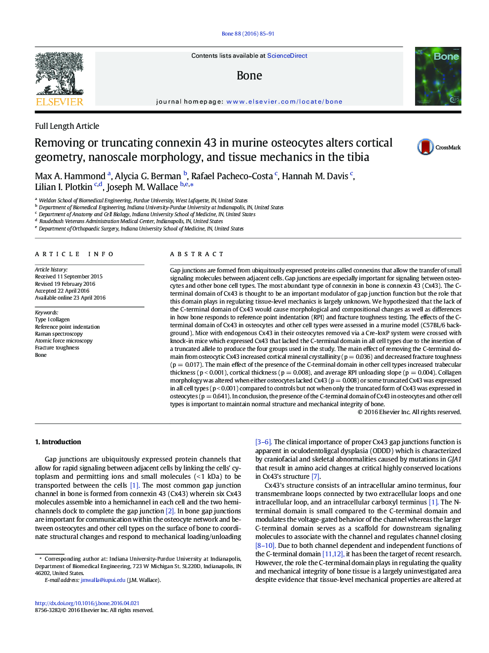 Removing or truncating connexin 43 in murine osteocytes alters cortical geometry, nanoscale morphology, and tissue mechanics in the tibia