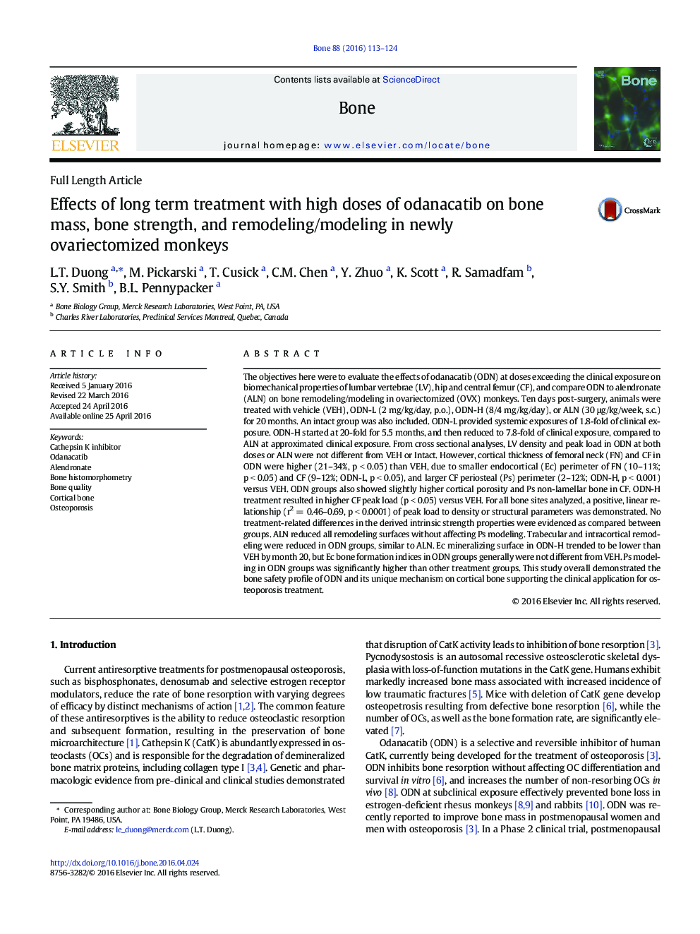 Effects of long term treatment with high doses of odanacatib on bone mass, bone strength, and remodeling/modeling in newly ovariectomized monkeys