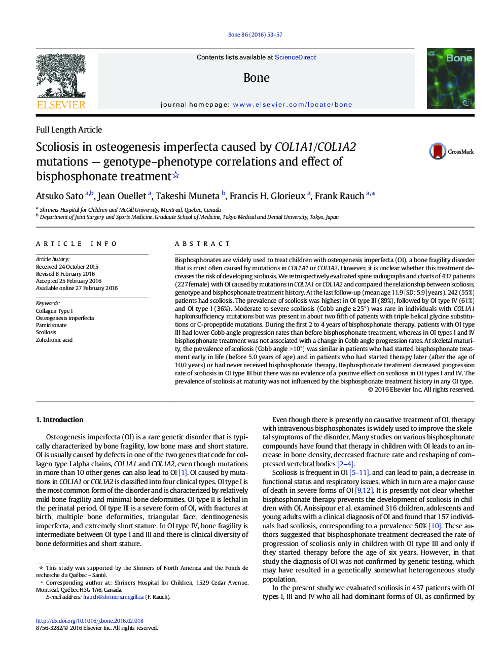 Scoliosis in osteogenesis imperfecta caused by COL1A1/COL1A2 mutations - genotype-phenotype correlations and effect of bisphosphonate treatment