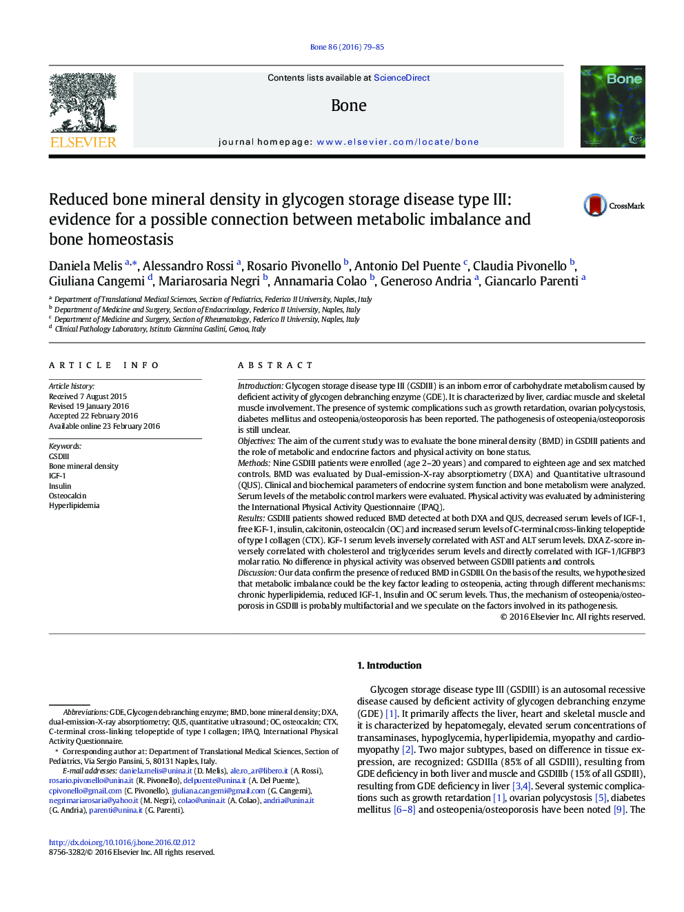 Reduced bone mineral density in glycogen storage disease type III: evidence for a possible connection between metabolic imbalance and bone homeostasis