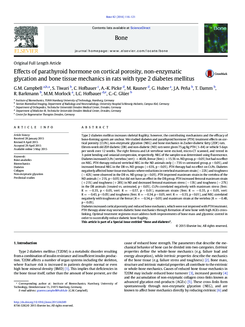 Original Full Length ArticleEffects of parathyroid hormone on cortical porosity, non-enzymatic glycation and bone tissue mechanics in rats with type 2 diabetes mellitus