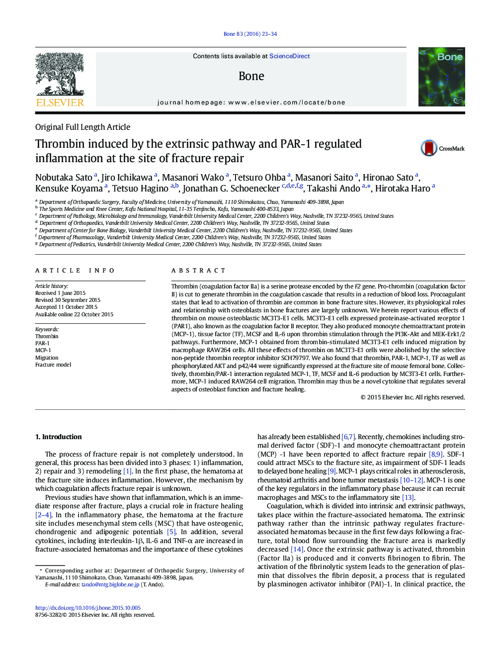 Thrombin induced by the extrinsic pathway and PAR-1 regulated inflammation at the site of fracture repair