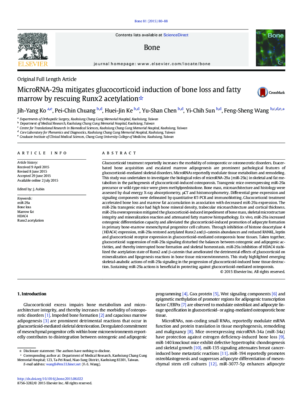 Original Full Length ArticleMicroRNA-29a mitigates glucocorticoid induction of bone loss and fatty marrow by rescuing Runx2 acetylation