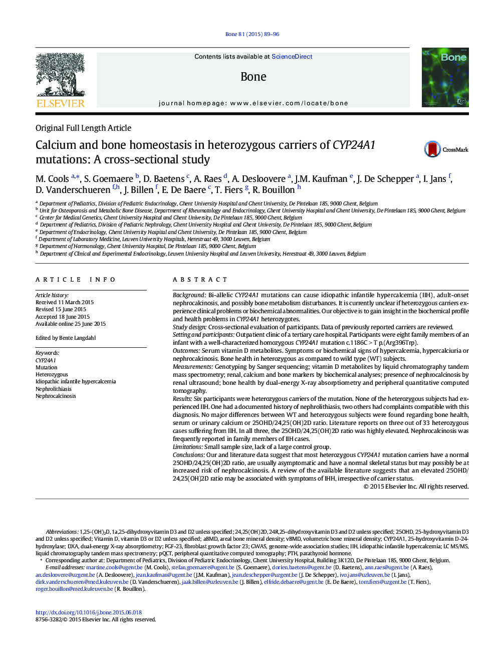 Calcium and bone homeostasis in heterozygous carriers of CYP24A1 mutations: A cross-sectional study