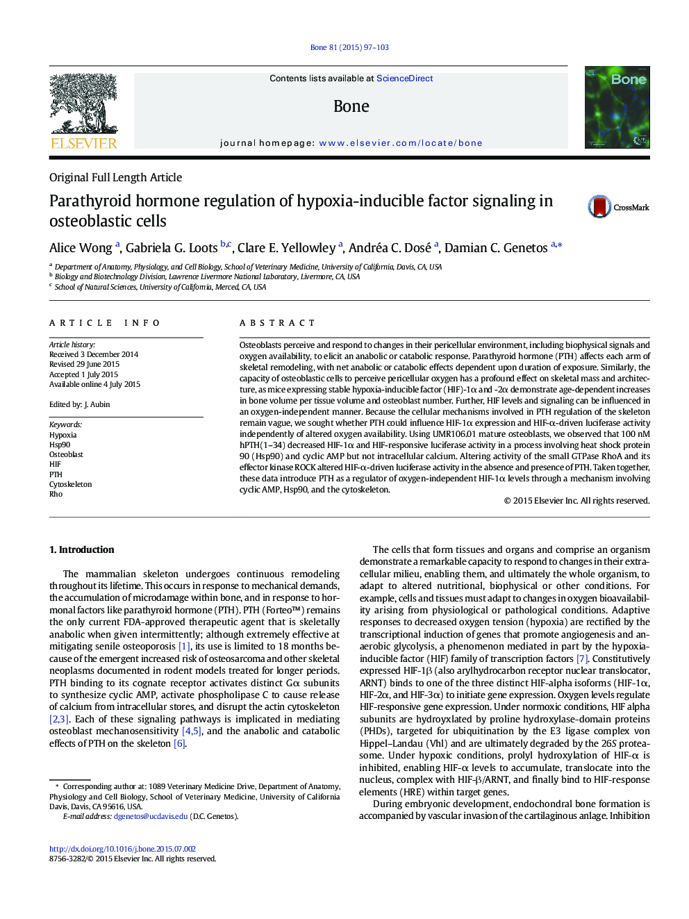 Parathyroid hormone regulation of hypoxia-inducible factor signaling in osteoblastic cells