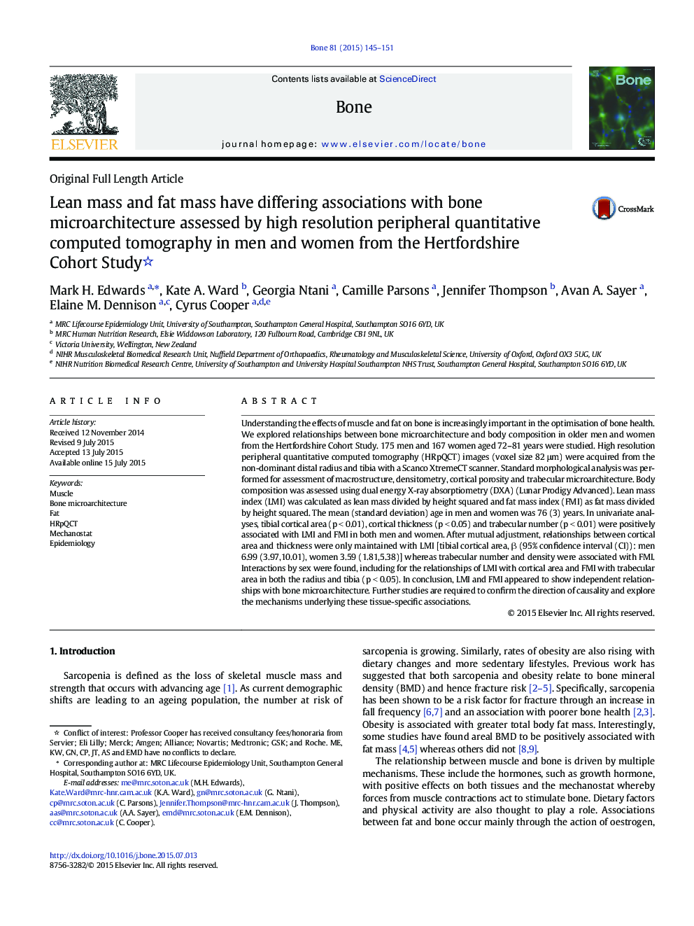 Lean mass and fat mass have differing associations with bone microarchitecture assessed by high resolution peripheral quantitative computed tomography in men and women from the Hertfordshire Cohort Study