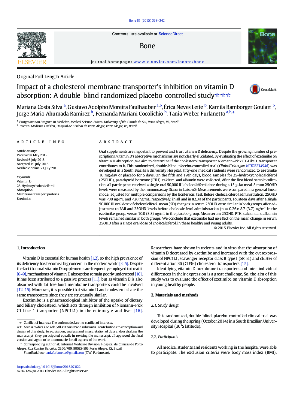 Impact of a cholesterol membrane transporter's inhibition on vitamin D absorption: A double-blind randomized placebo-controlled study