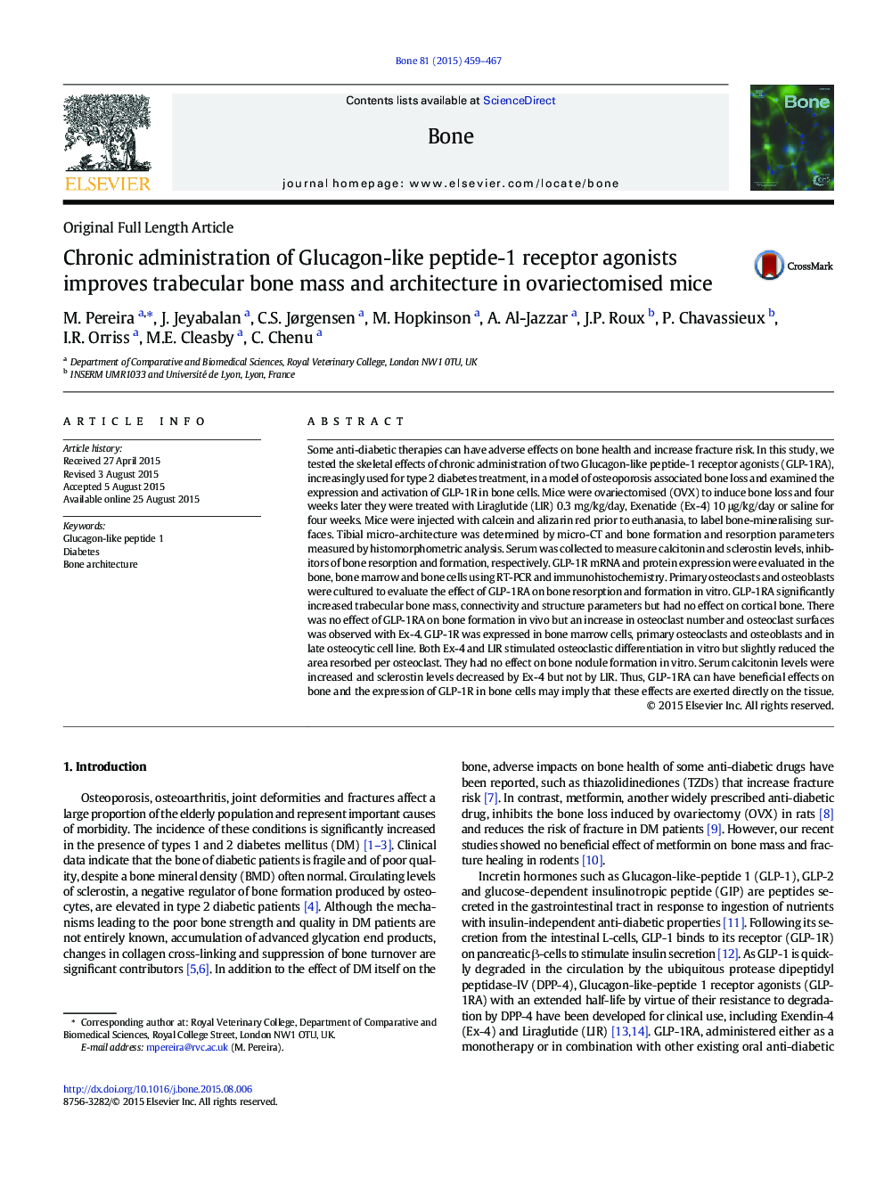 Original Full Length ArticleChronic administration of Glucagon-like peptide-1 receptor agonists improves trabecular bone mass and architecture in ovariectomised mice