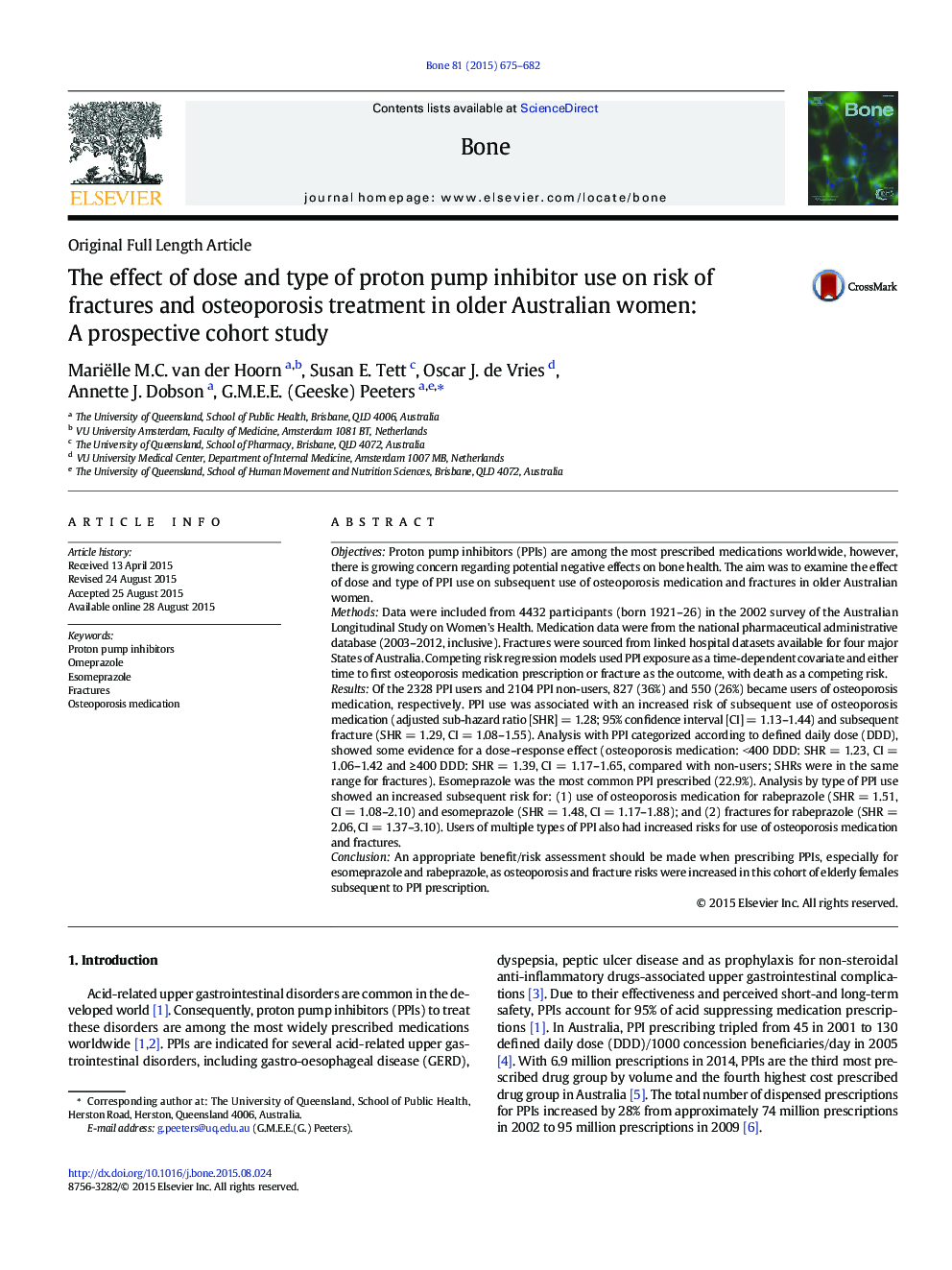 The effect of dose and type of proton pump inhibitor use on risk of fractures and osteoporosis treatment in older Australian women: A prospective cohort study