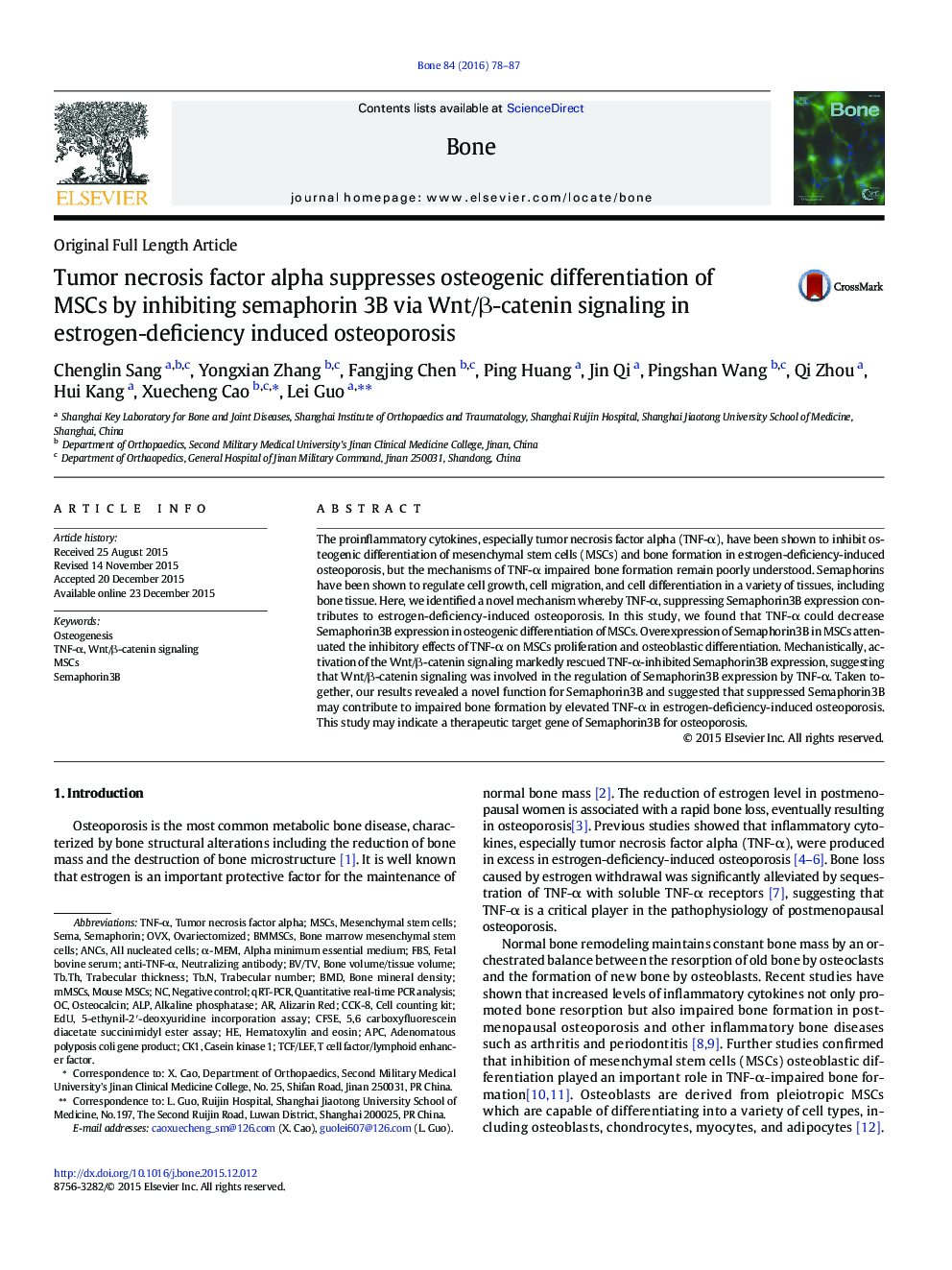 Tumor necrosis factor alpha suppresses osteogenic differentiation of MSCs by inhibiting semaphorin 3B via Wnt/Î²-catenin signaling in estrogen-deficiency induced osteoporosis