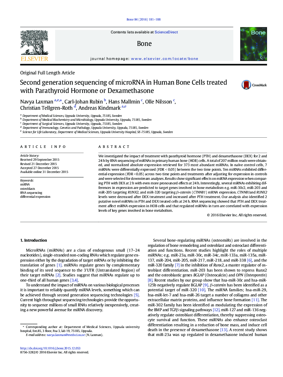 Second generation sequencing of microRNA in Human Bone Cells treated with Parathyroid Hormone or Dexamethasone