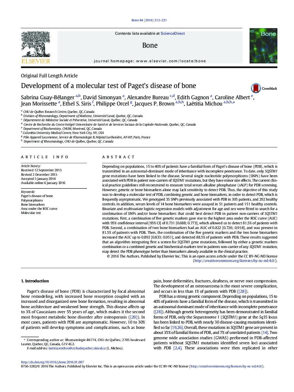 Development of a molecular test of Paget's disease of bone