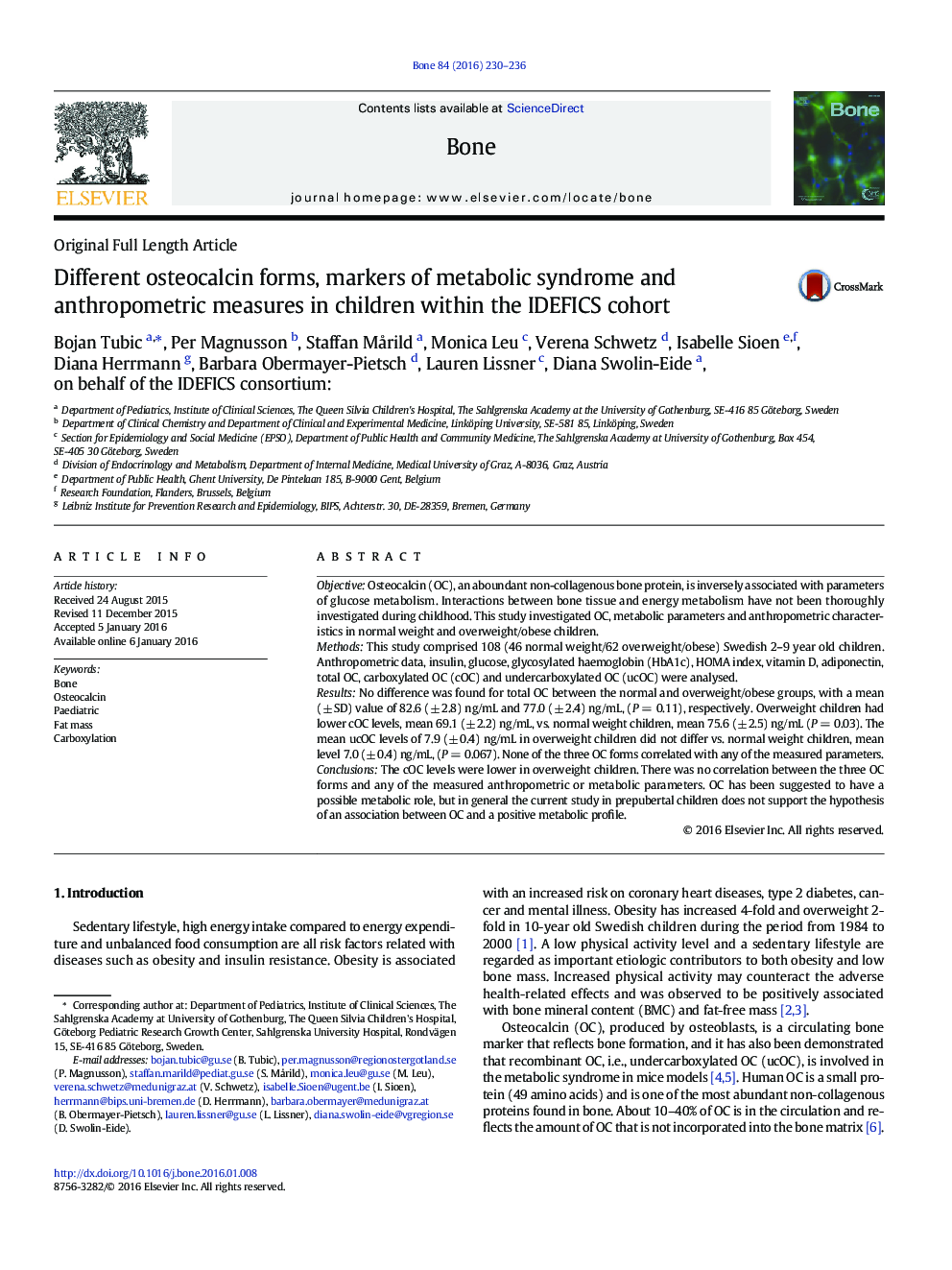 Different osteocalcin forms, markers of metabolic syndrome and anthropometric measures in children within the IDEFICS cohort