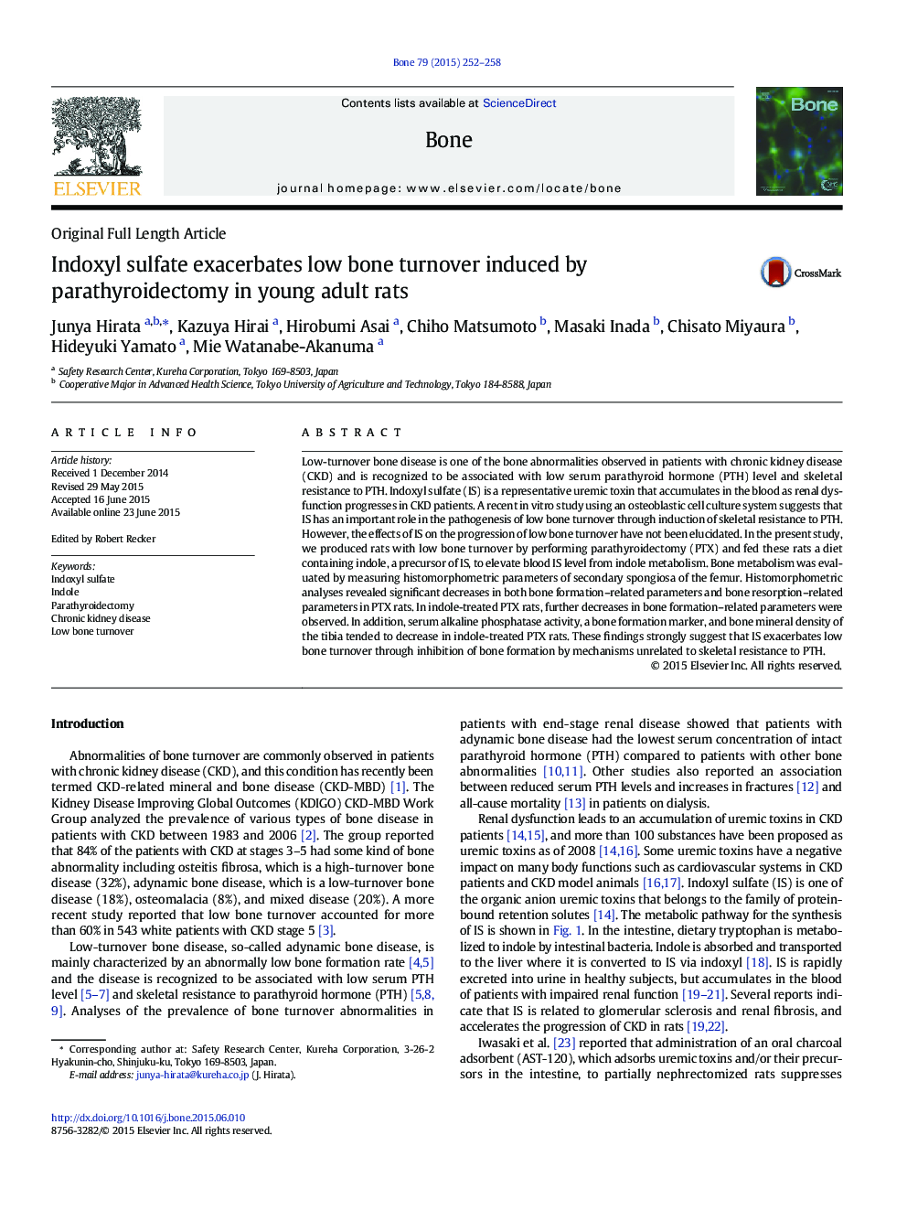 Indoxyl sulfate exacerbates low bone turnover induced by parathyroidectomy in young adult rats