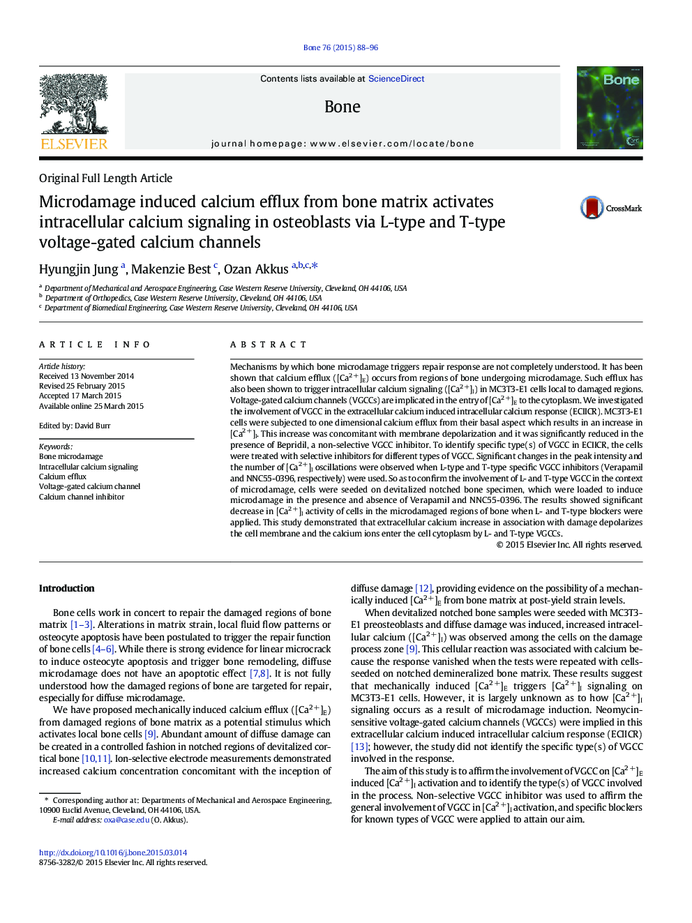 Microdamage induced calcium efflux from bone matrix activates intracellular calcium signaling in osteoblasts via L-type and T-type voltage-gated calcium channels