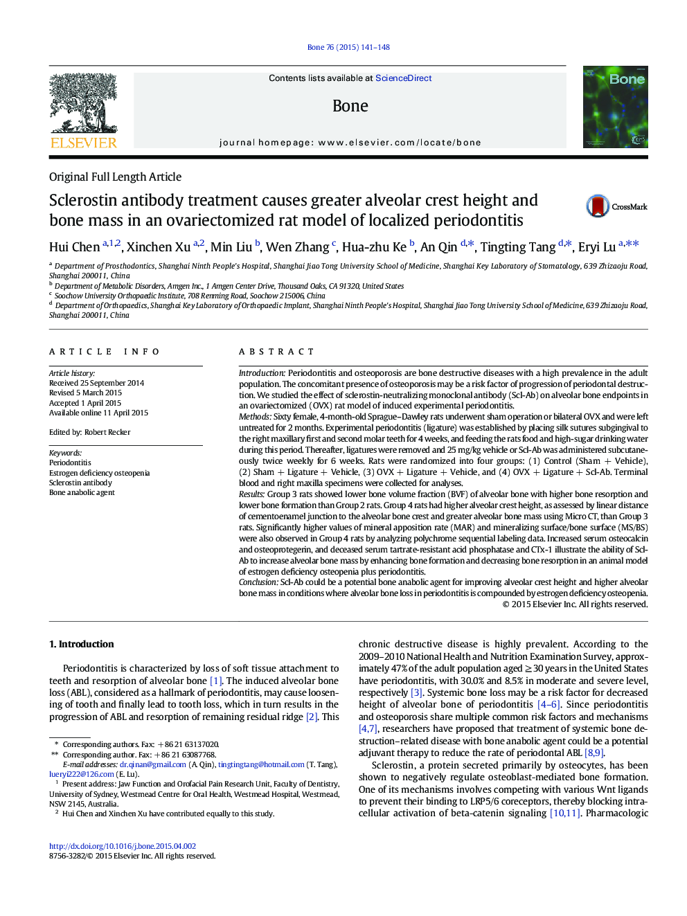 Sclerostin antibody treatment causes greater alveolar crest height and bone mass in an ovariectomized rat model of localized periodontitis