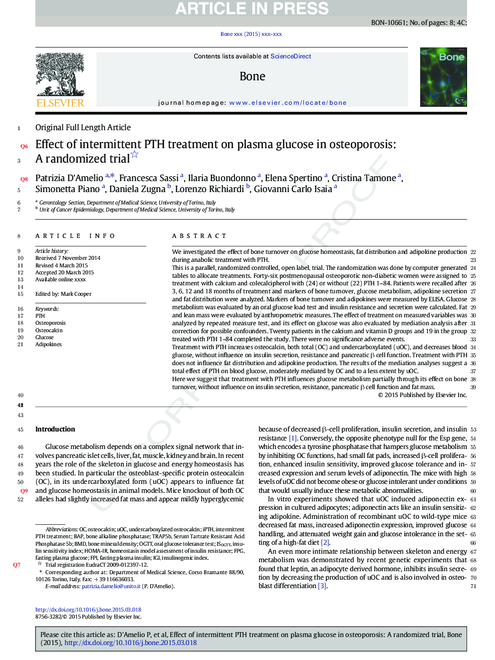 Effect of intermittent PTH treatment on plasma glucose in osteoporosis: A randomized trial