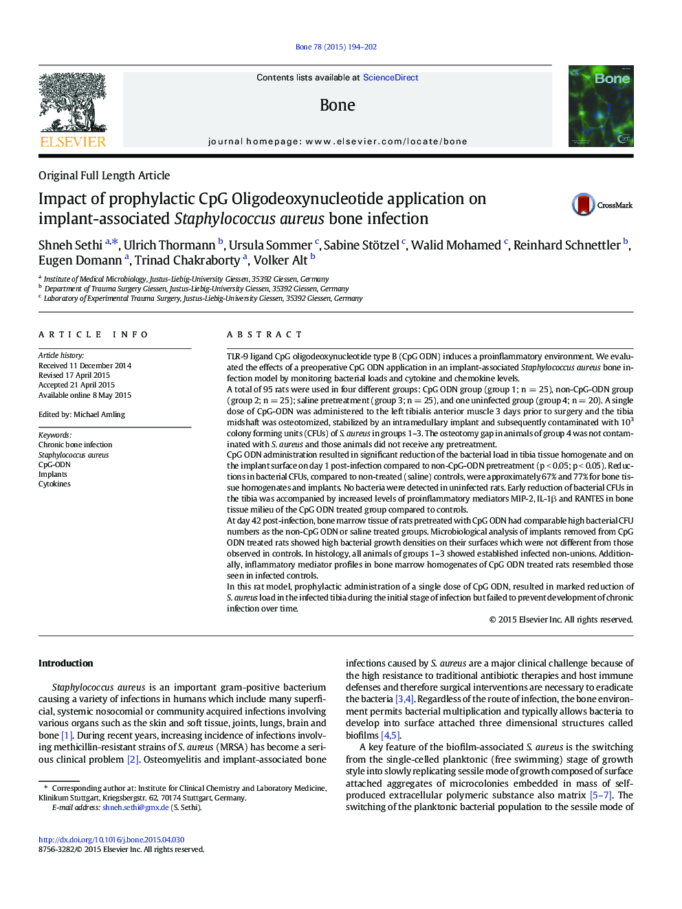 Original Full Length ArticleImpact of prophylactic CpG Oligodeoxynucleotide application on implant-associated Staphylococcus aureus bone infection