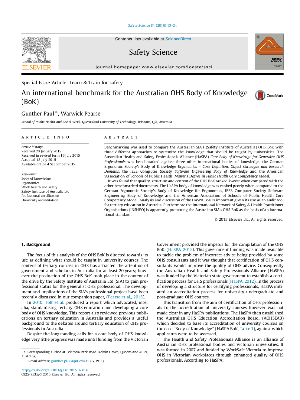 An international benchmark for the Australian OHS Body of Knowledge (BoK)