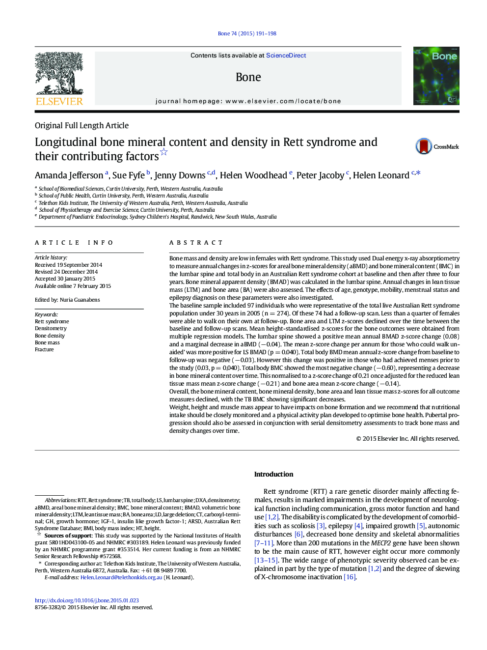 Longitudinal bone mineral content and density in Rett syndrome and their contributing factors