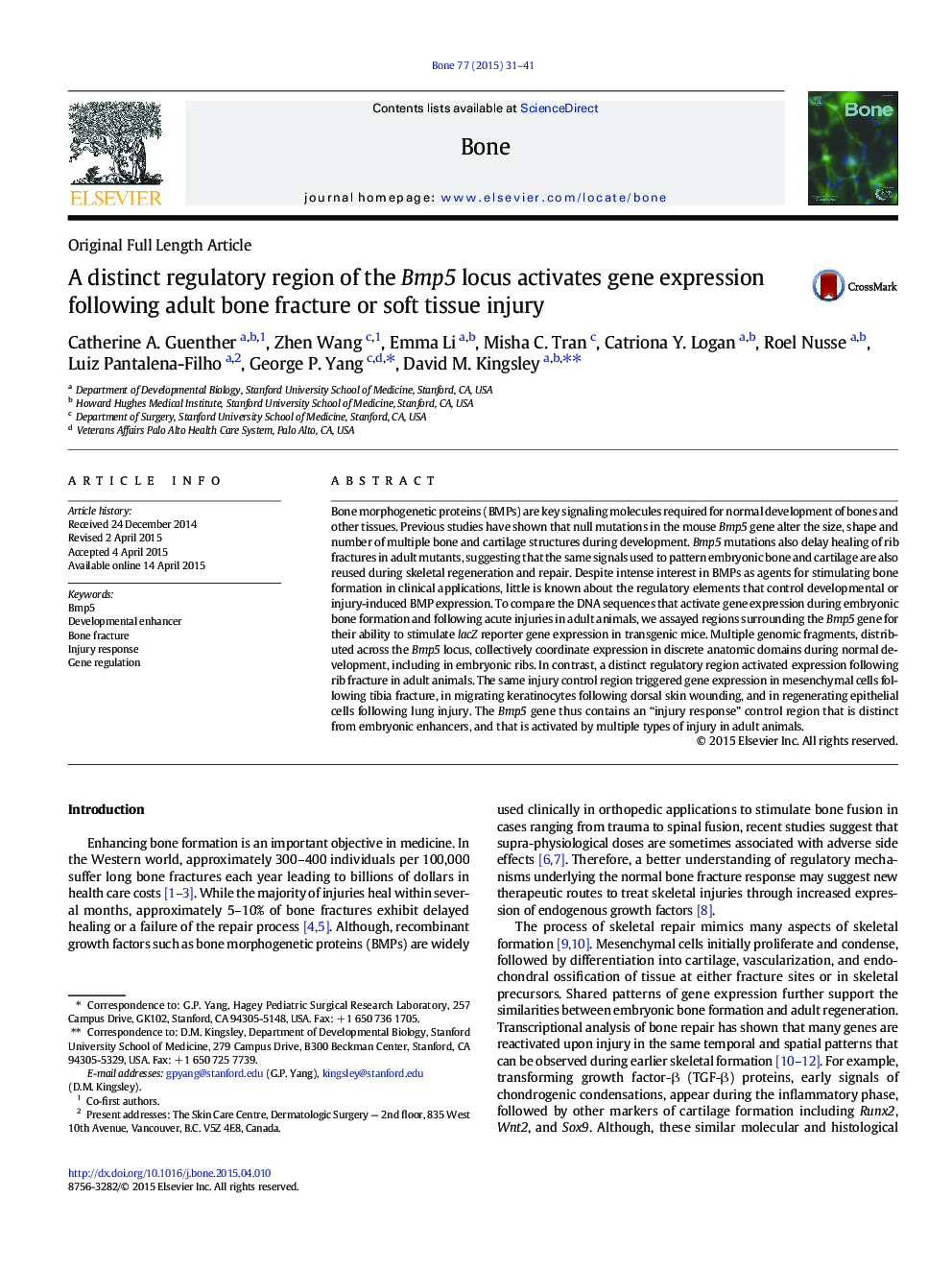 A distinct regulatory region of the Bmp5 locus activates gene expression following adult bone fracture or soft tissue injury