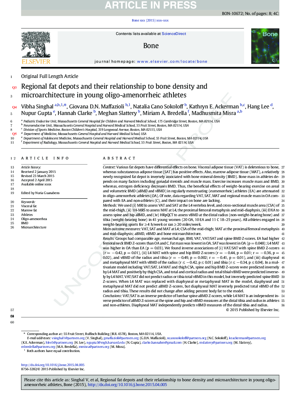 Regional fat depots and their relationship to bone density and microarchitecture in young oligo-amenorrheic athletes