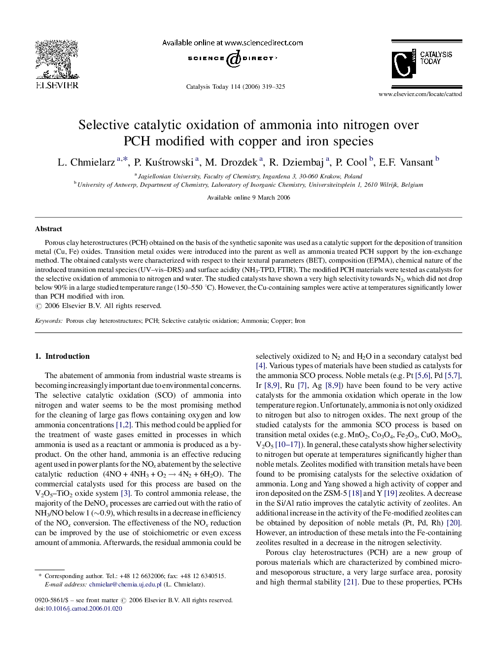 Selective catalytic oxidation of ammonia into nitrogen over PCH modified with copper and iron species