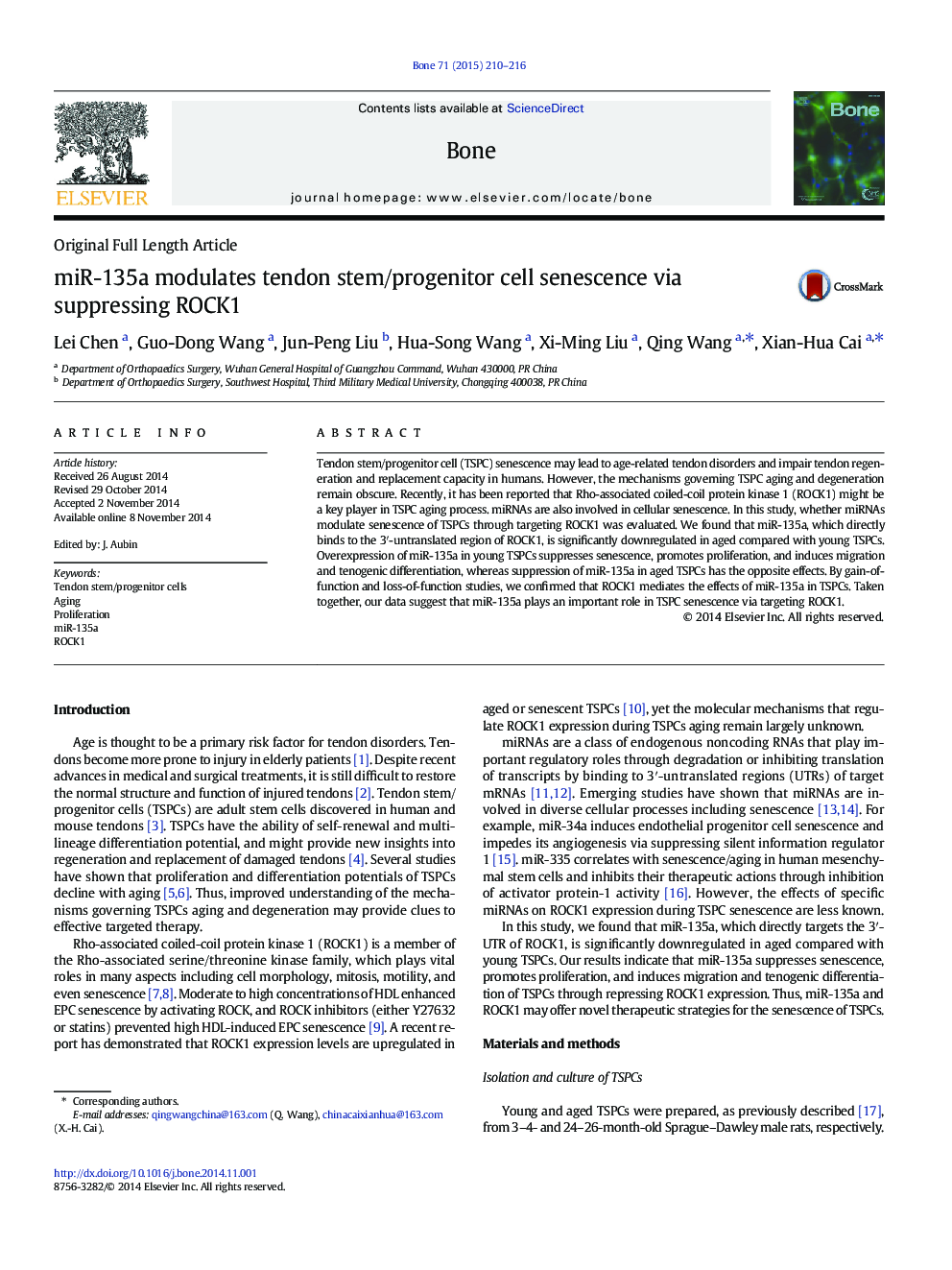 Original Full Length ArticlemiR-135a modulates tendon stem/progenitor cell senescence via suppressing ROCK1