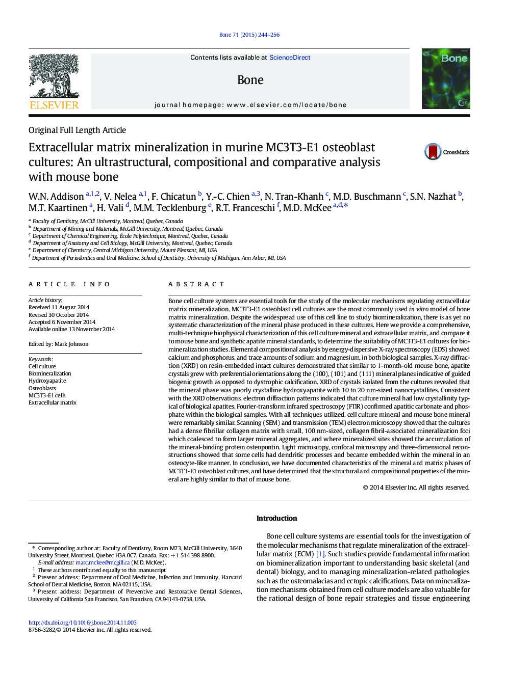 Extracellular matrix mineralization in murine MC3T3-E1 osteoblast cultures: An ultrastructural, compositional and comparative analysis with mouse bone