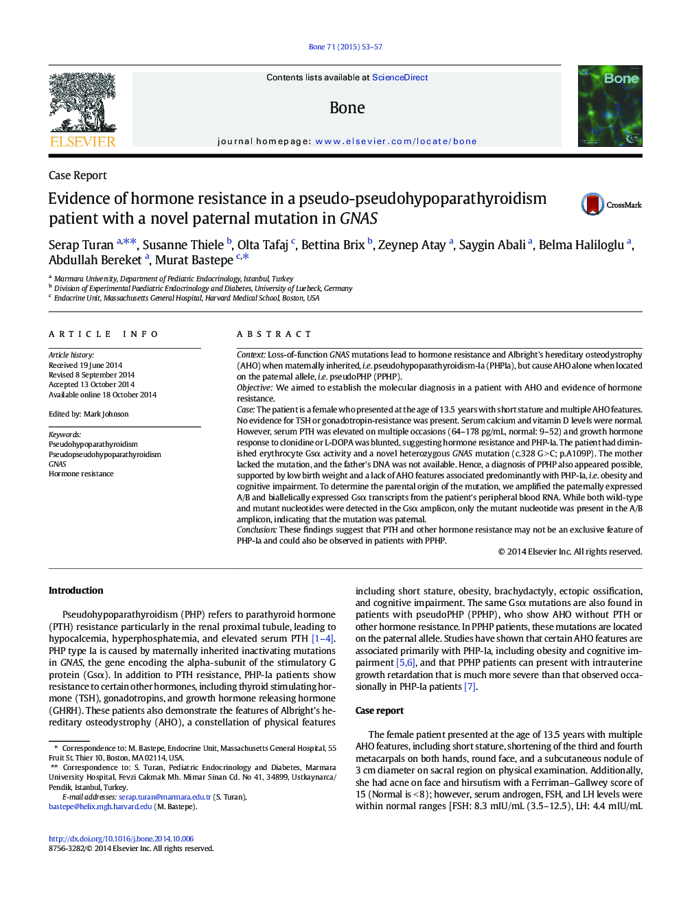 Evidence of hormone resistance in a pseudo-pseudohypoparathyroidism patient with a novel paternal mutation in GNAS