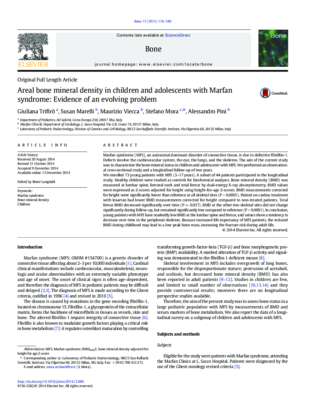 Areal bone mineral density in children and adolescents with Marfan syndrome: Evidence of an evolving problem