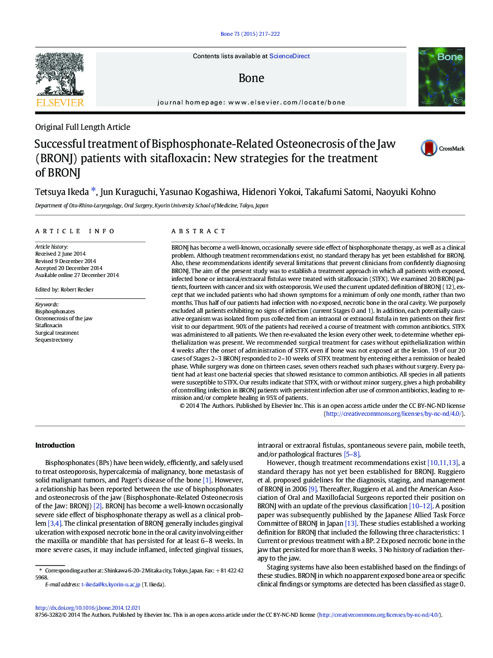 Successful treatment of Bisphosphonate-Related Osteonecrosis of the Jaw (BRONJ) patients with sitafloxacin: New strategies for the treatment of BRONJ