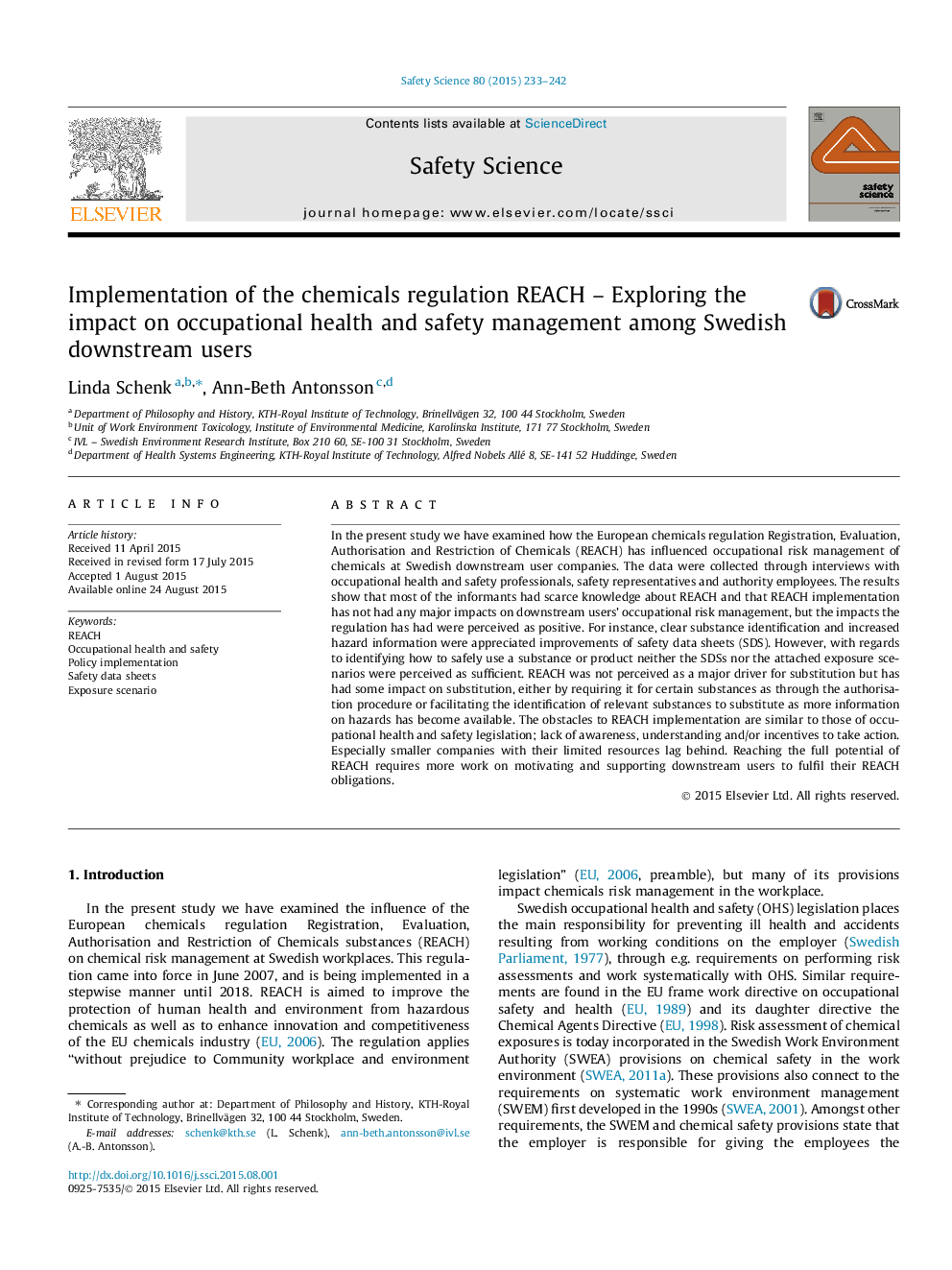 Implementation of the chemicals regulation REACH – Exploring the impact on occupational health and safety management among Swedish downstream users